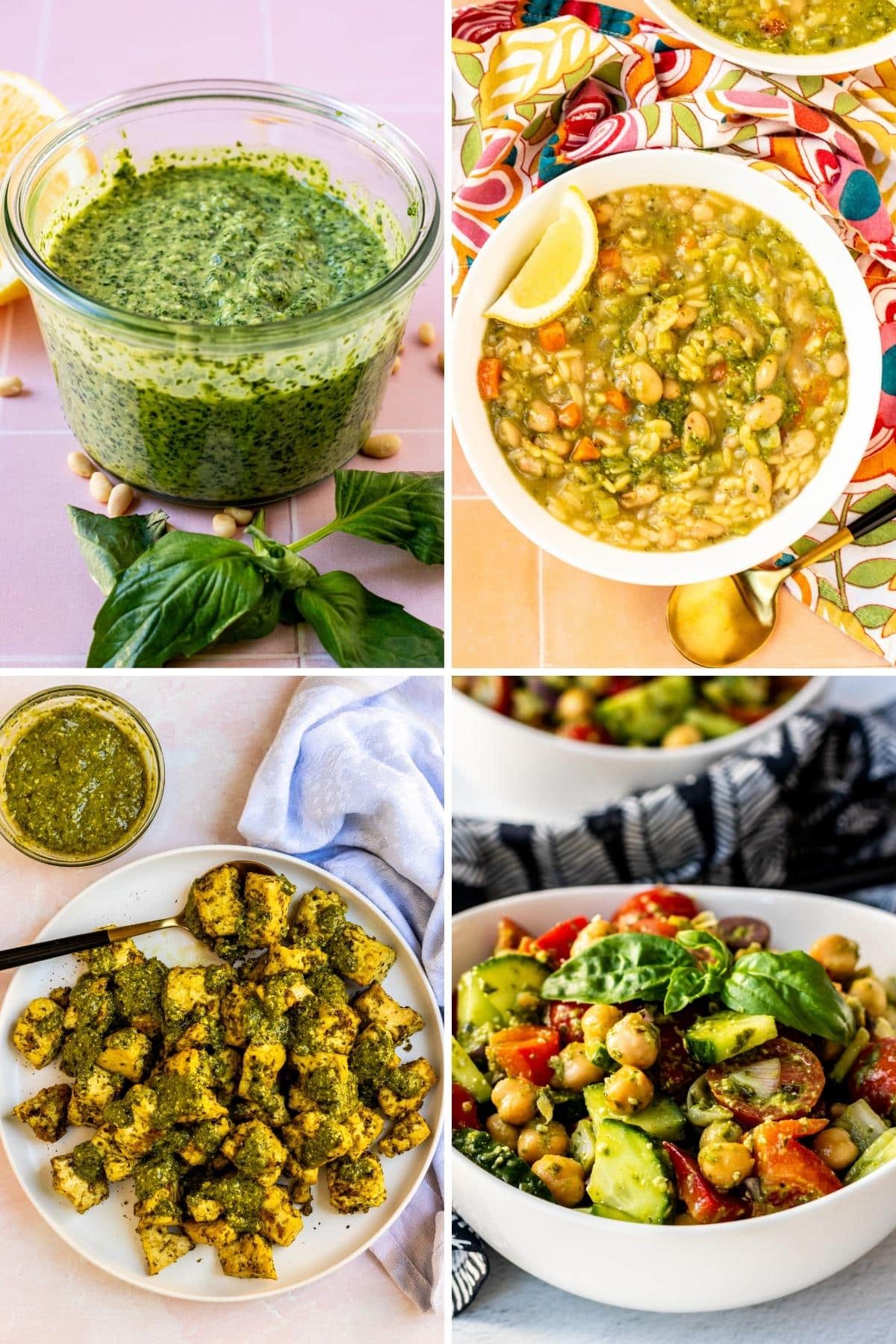 Jar of vegan pesto sauce, bowl of orzo soup, platter of tofu, and bowl of chickpea salad.