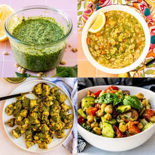 Jar of pesto, pesto orzo soup, pesto tofu, and pesto chickpea salad.