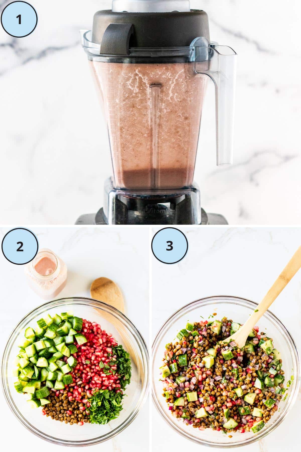 Dressing in a blender, salad ingredients in a bowl, and the finished tossed salad.