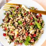 Plate with pomegranate quinoa salad and a gold fork.