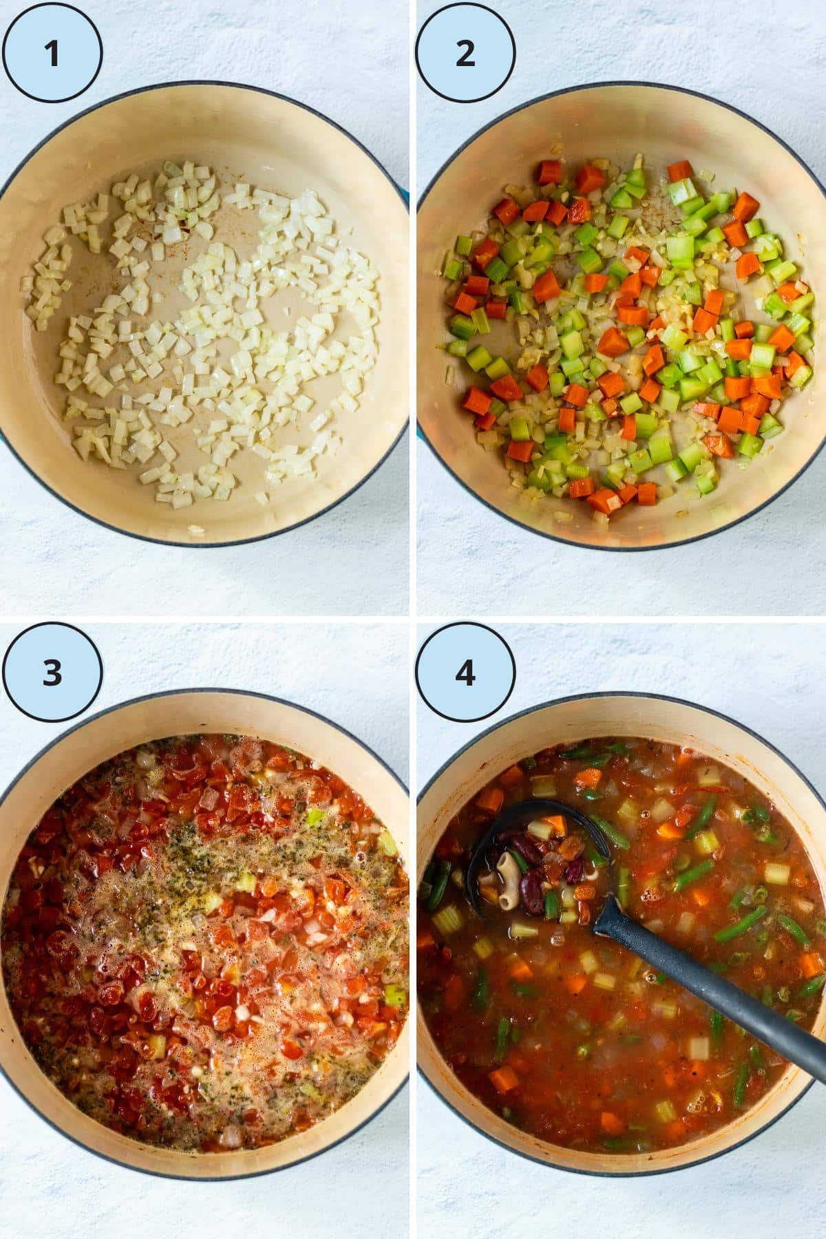 Steps for making this recipe: Step 1, sauteing onions, Step 2, sauteing carrots, celery, and garlic, Step 3, tomatoes, seasoning, and broth brought to a low boil, and Step 4, a ladle in the finished soup with the noodles cooked.