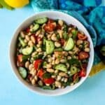 Bowl of Mediterranean White Bean Salad.