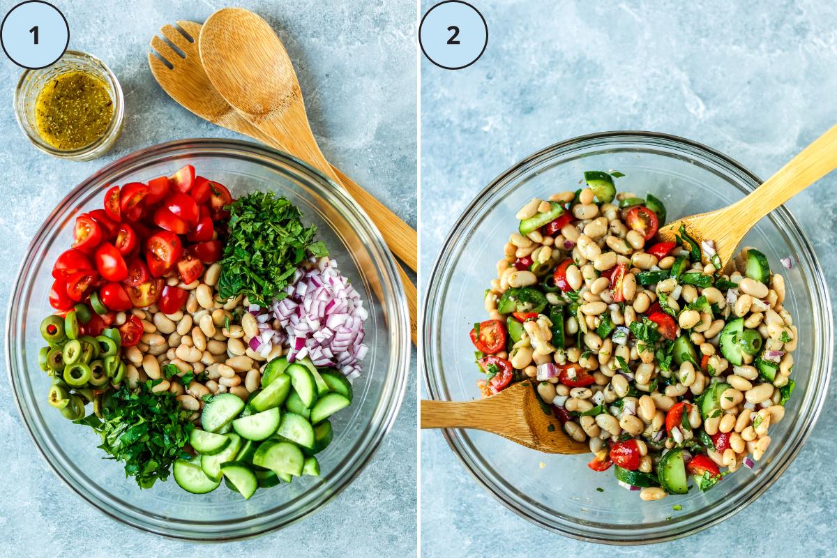 Salad ingredients in a large bowl and a small jar with the dressing ingredients, and the finished tossed salad.