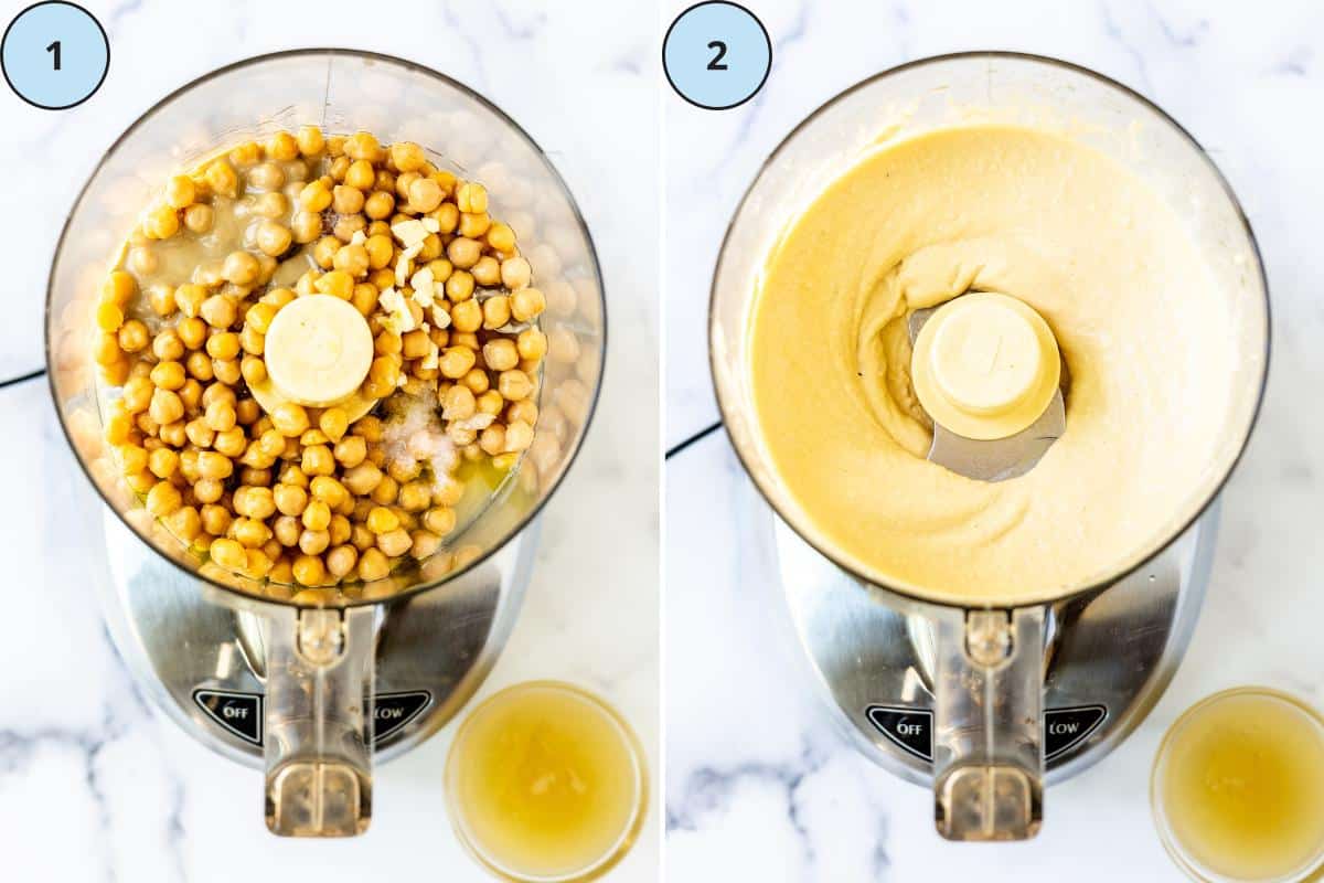 Hummus ingredients in the bowl of a food processor and the finished blended hummus.