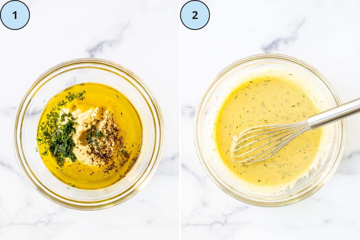The ingredients in a small bowl, and the combined ingredients whisked together.