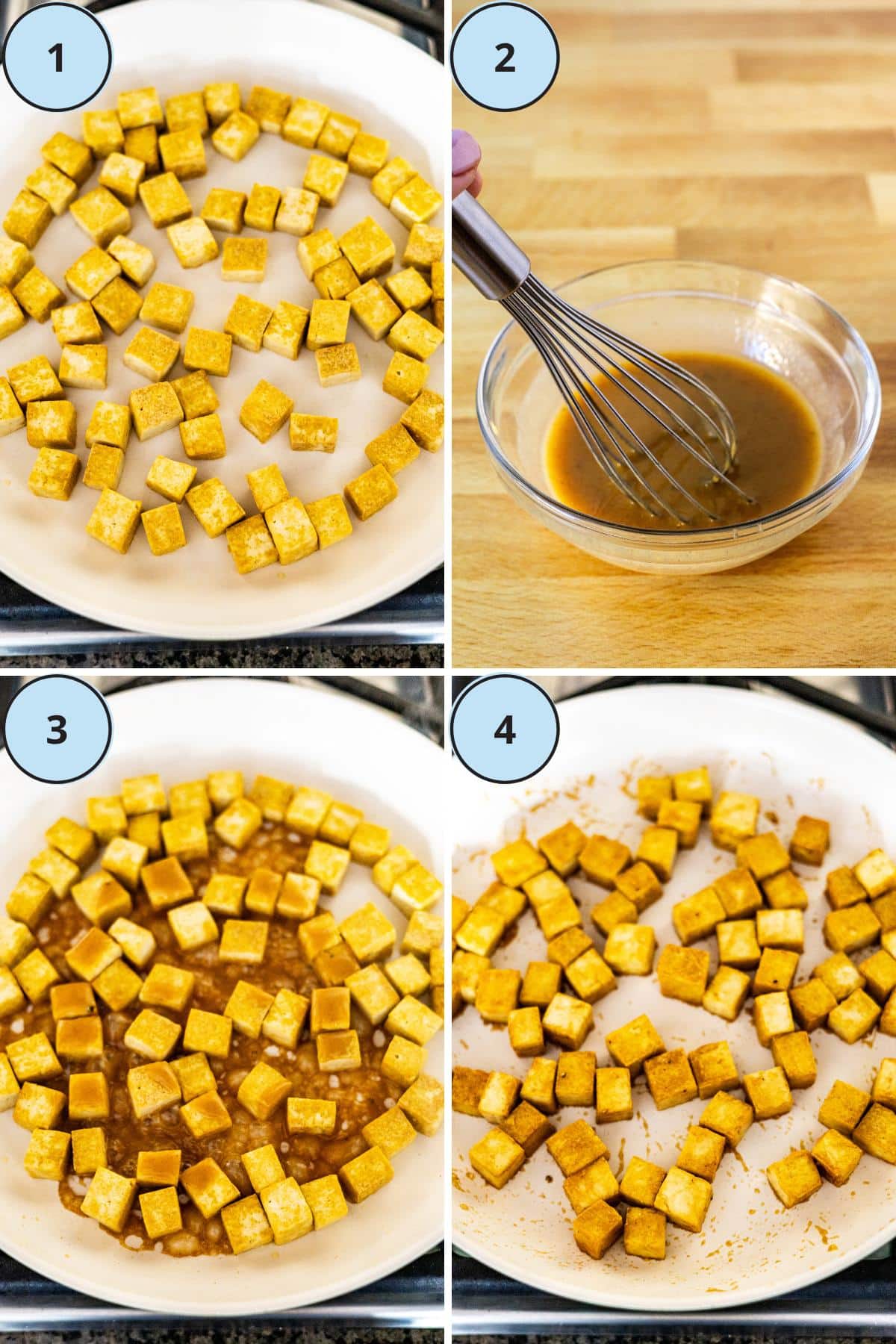 Steps for making this recipe: sauteing cubes of tofu in a skillet, whisking the sauce in a small bowl, the sauce poured over the tofu, and the finished tofu cubes with the sauce absorbed.