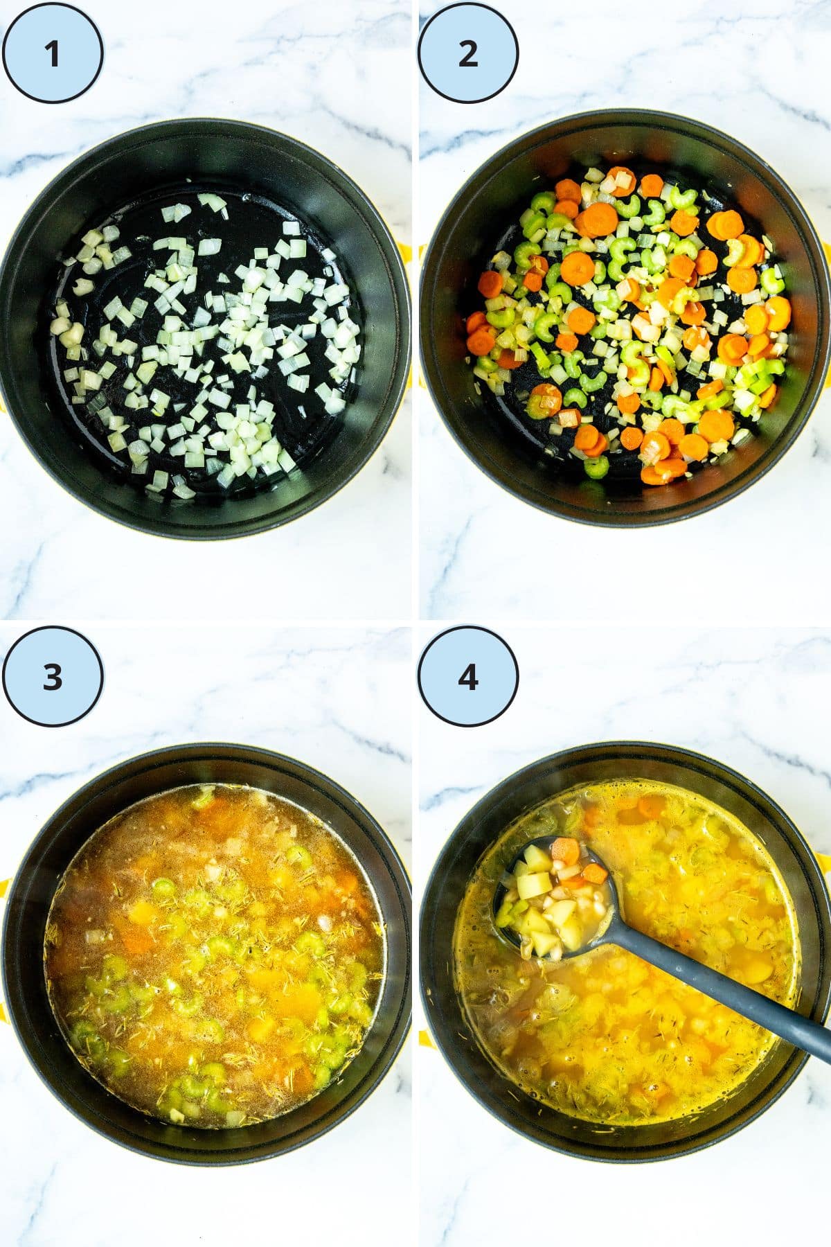 Numbered instructions: step 1, sauteing onion in a large pot; step 2, sauteing carrots, celery,, and garlic along with the onions; step 3, the broth, potatoes, beans, and seasonings added to the pot and bringing up to a simmer; and step 4, a ladle in the pot ready to serve the soup.