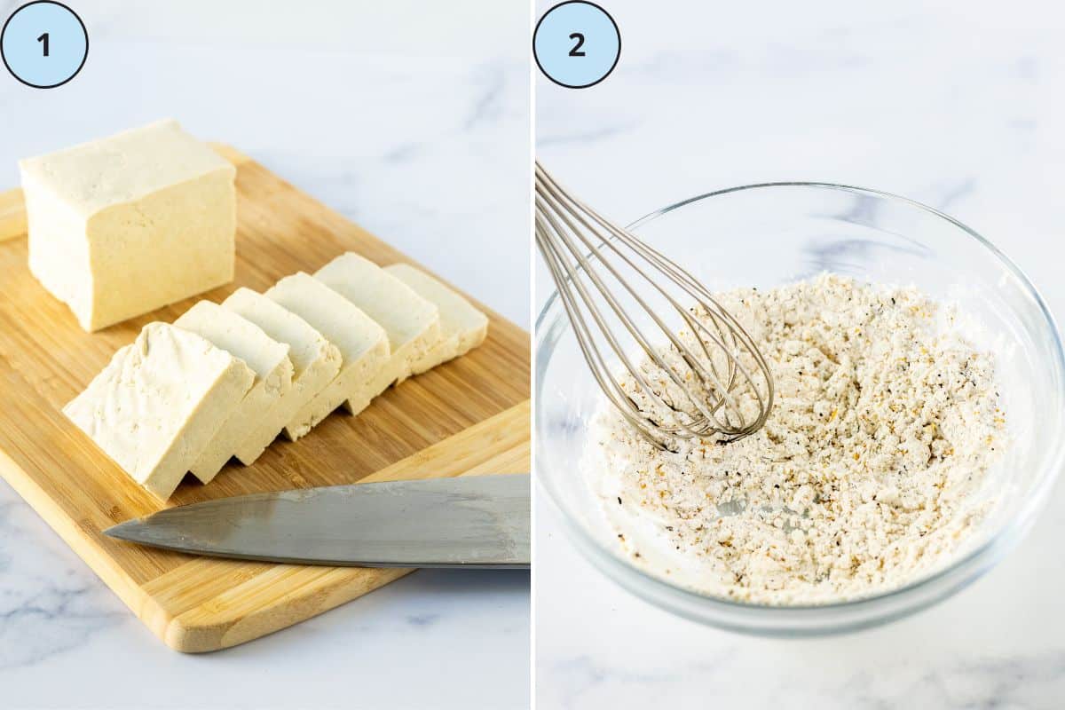 Slicing the tofu into squares and whisking together the cornstarch and lemon pepper in a small bowl.