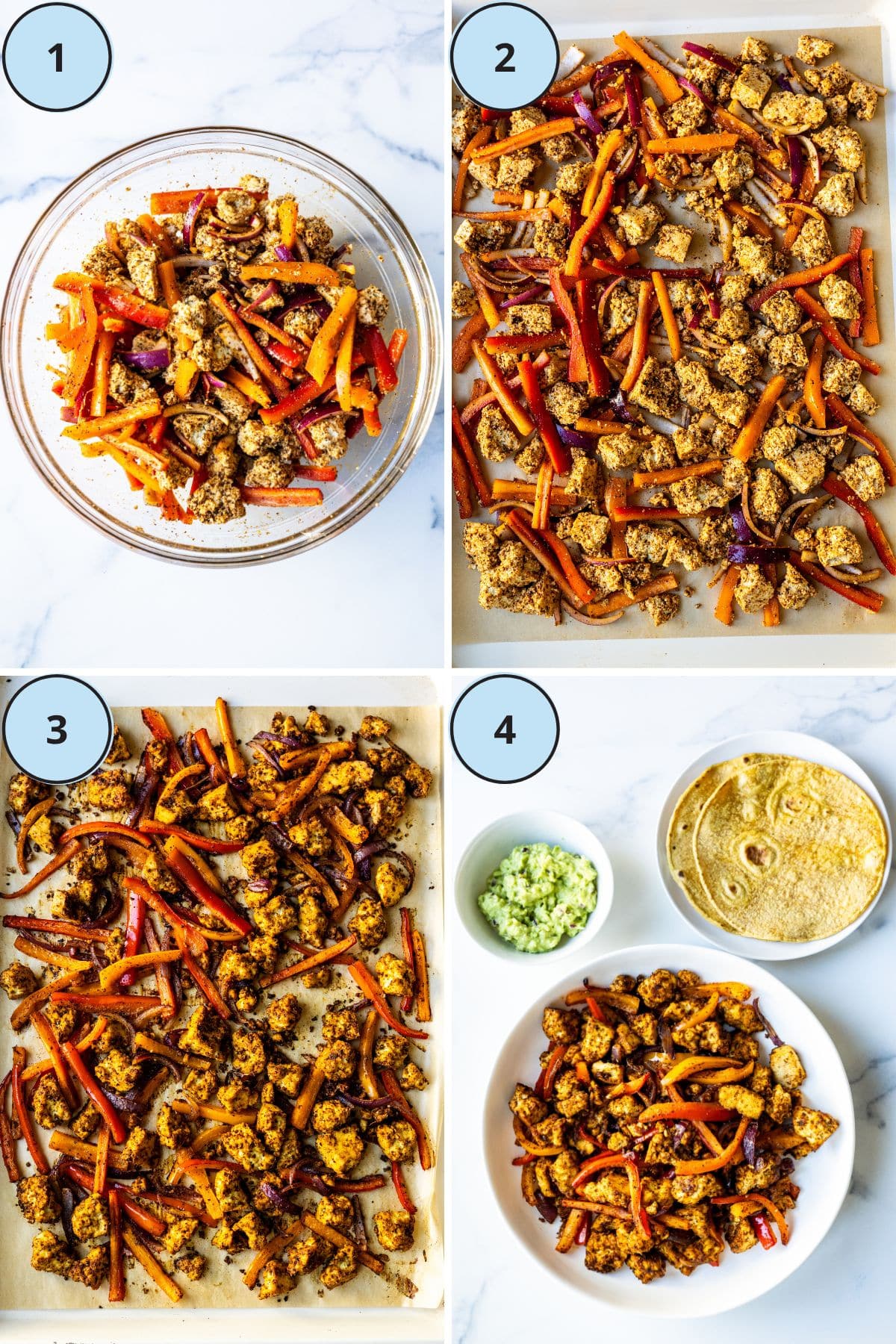 Steps showing how to make this recipe: 1, torn tofu and sliced onions and peppers in a mixing bowl tossed with olive oil and seasonings; 2, the mixture spread out on a sheet pan lined with parchment paper; 3, the baked fajitas on the sheet pan after removing it from the oven; and 4, the fajitas in a serving bowl alongside a plate of warmed tortillas and bowl of guacamole.