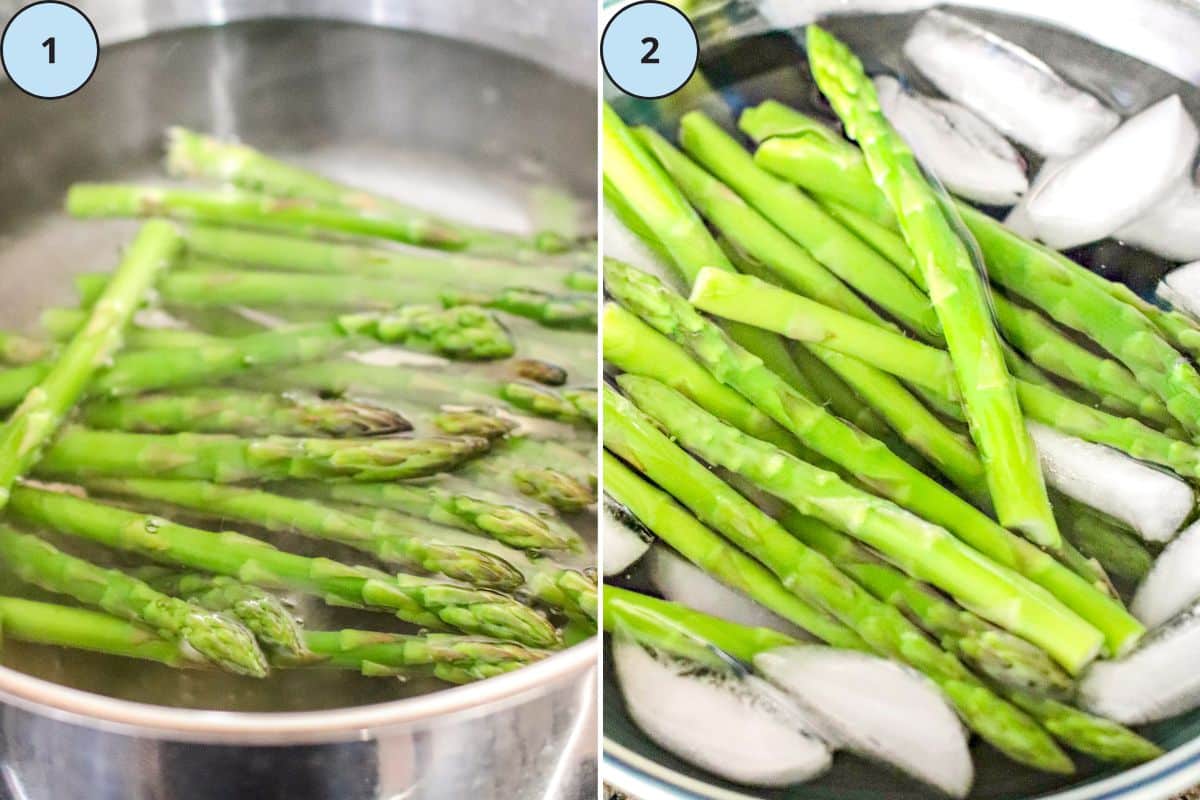 Blanching asparagus spears and the spears in a bowl of ice water to stop the cooking.
