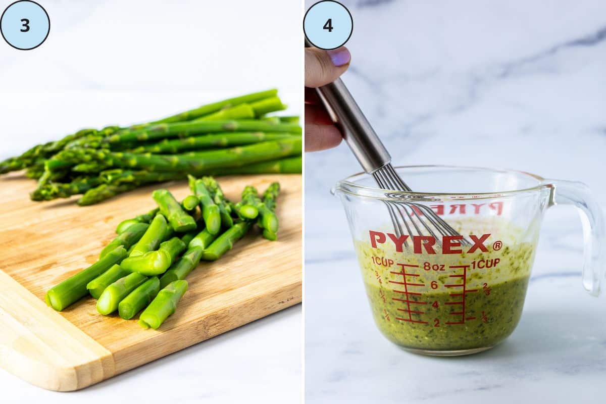 Slicing the asparagus on a cutting board and whisking together the dressing.