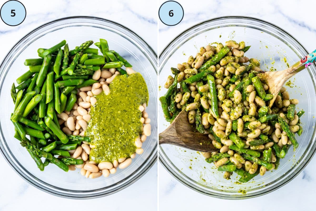 The asparagus, white beans, and dressing in a mixing bowl and the tossed salad ready to eat.