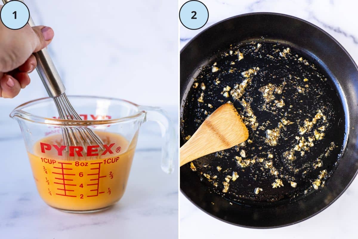 Step 1, whisking cornstarch in vegetable broth in a measuring up; and set 2, sauteing garlic and lemon pepper seasoning in a large skillet.