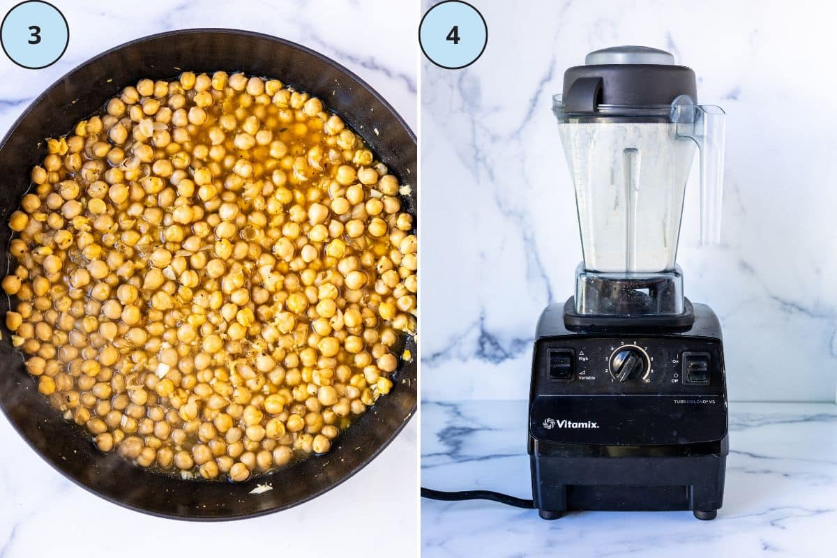 Step 3, simmering chickpeas and broth mixture in the skillet; and step 4, blending cashews and water in a Vitamix to make the cashew cream.
