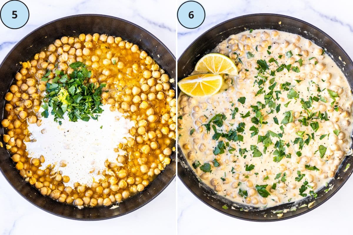 Step 5, The cashew cream, lemon juice, lemon zest, parsley, and salt added to the skillet off the heat; and step 6, the finished dish garnished with lemon wedges and extra parsley.