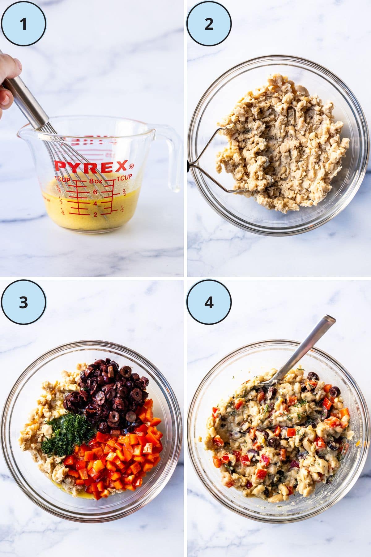 Steps showing how to make this recipe: 1, whisking the dressing; 2, smashing the beans with a potato masher; 3, adding the rest of the ingredients and the dressing to the beans; and 4, the finished mixed salad.