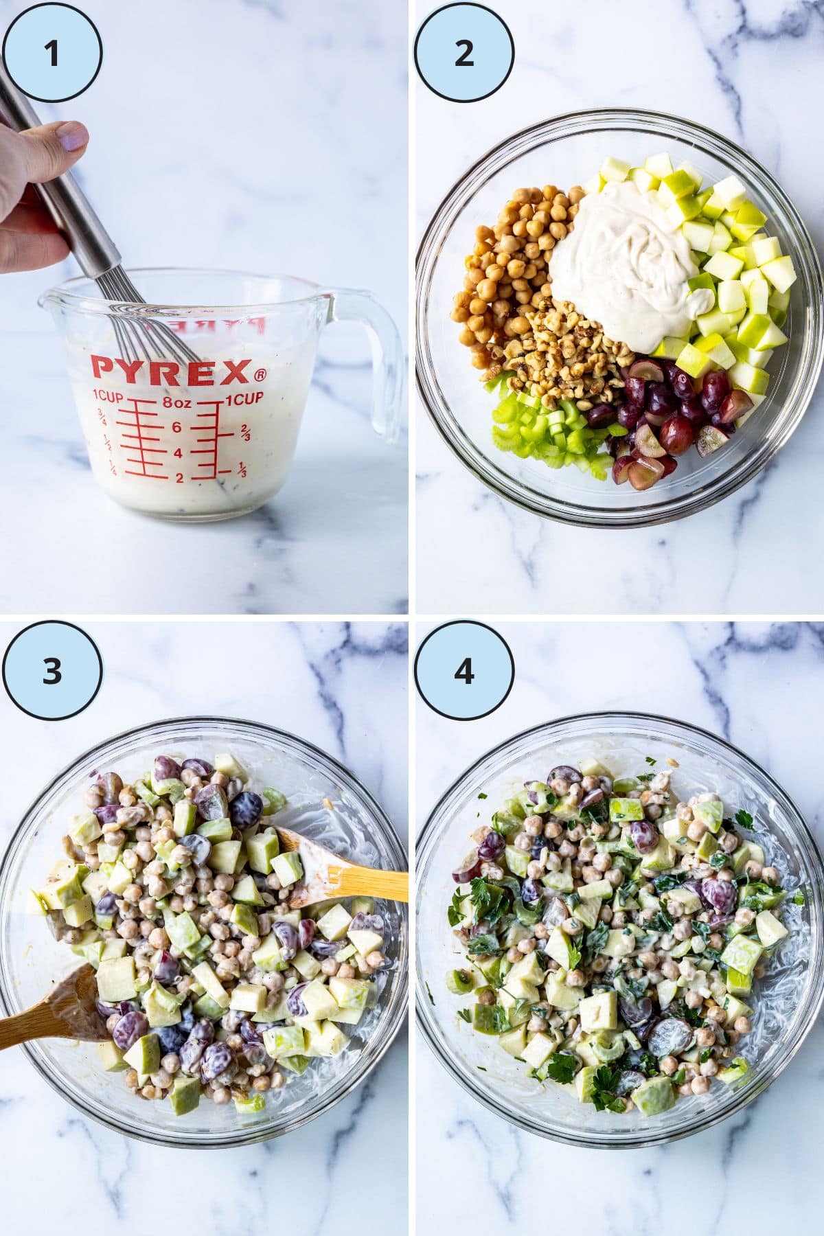 Steps showing how to make the recipe: 1, whisking together the dressing; 2, the salad ingredients in a mixing bowl; 3, the tossed salad; 4, the finished salad garnished with fresh parsley.