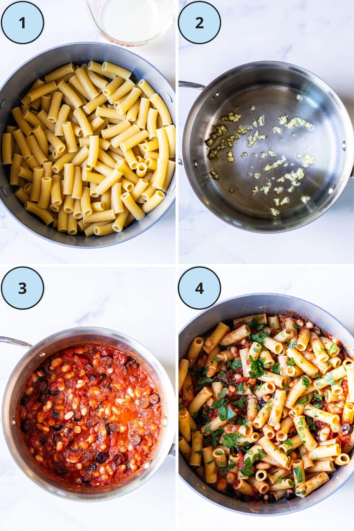 Steps for making this recipe: 1, cooked pasta with some reserved pasta water in a cup; 2, sauteing garlic in olive oil; 3, simmering tomatoes, white beans, olives, and oregano; and 4, the pasta tossed with the sauce and garnished with parsley.