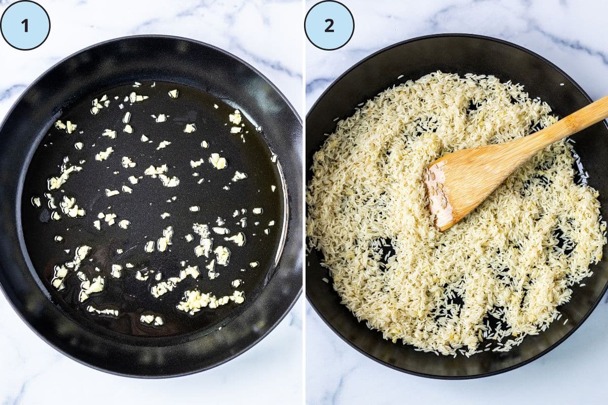 Garlic sauteing in a skillet and stirring basmati rice in the skillet.