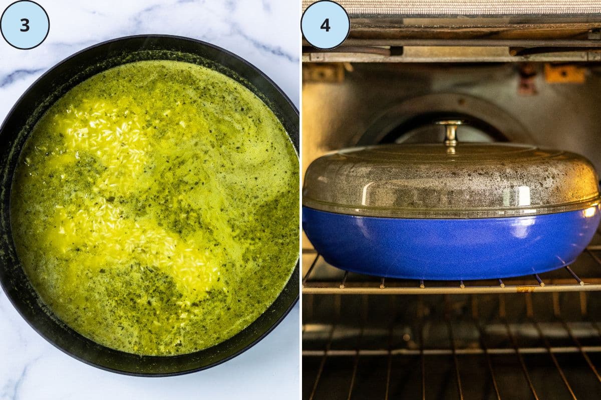 Water and pesto added to the skillet and the covered skillet in the oven.