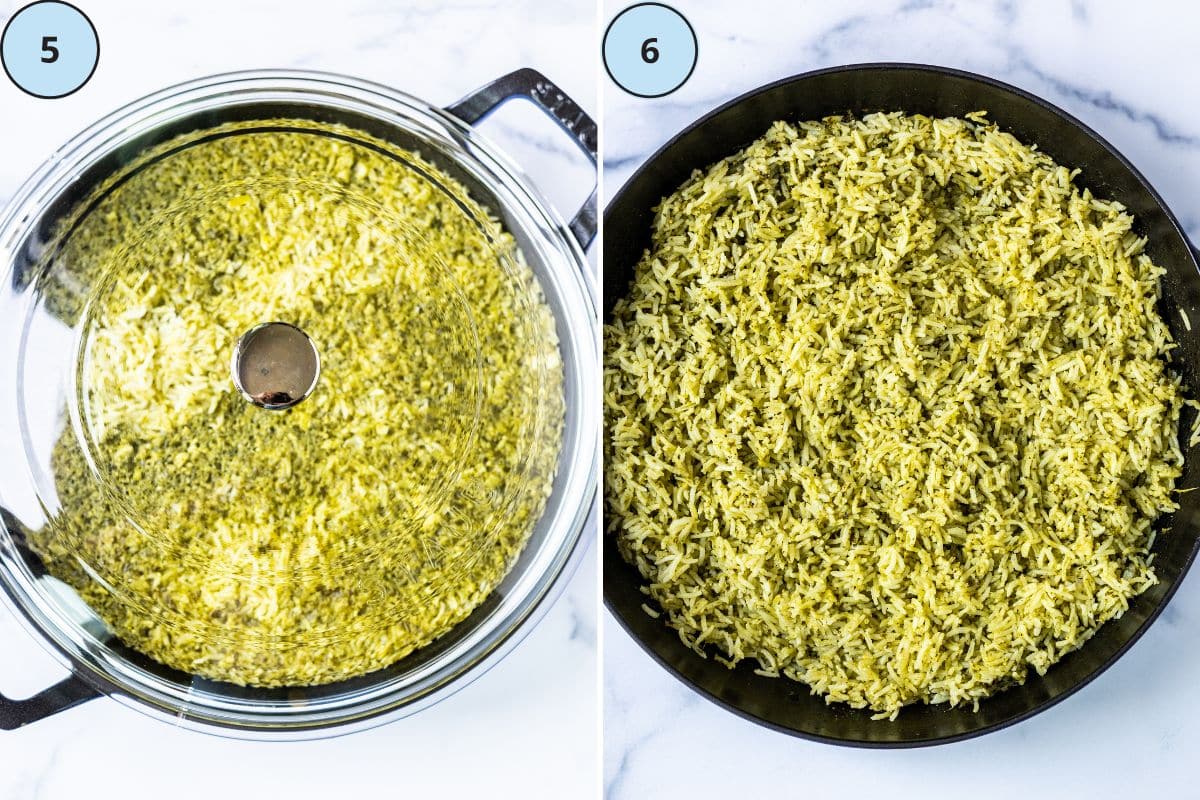 The covered skillet resting and the rice fluffed and ready to eat.