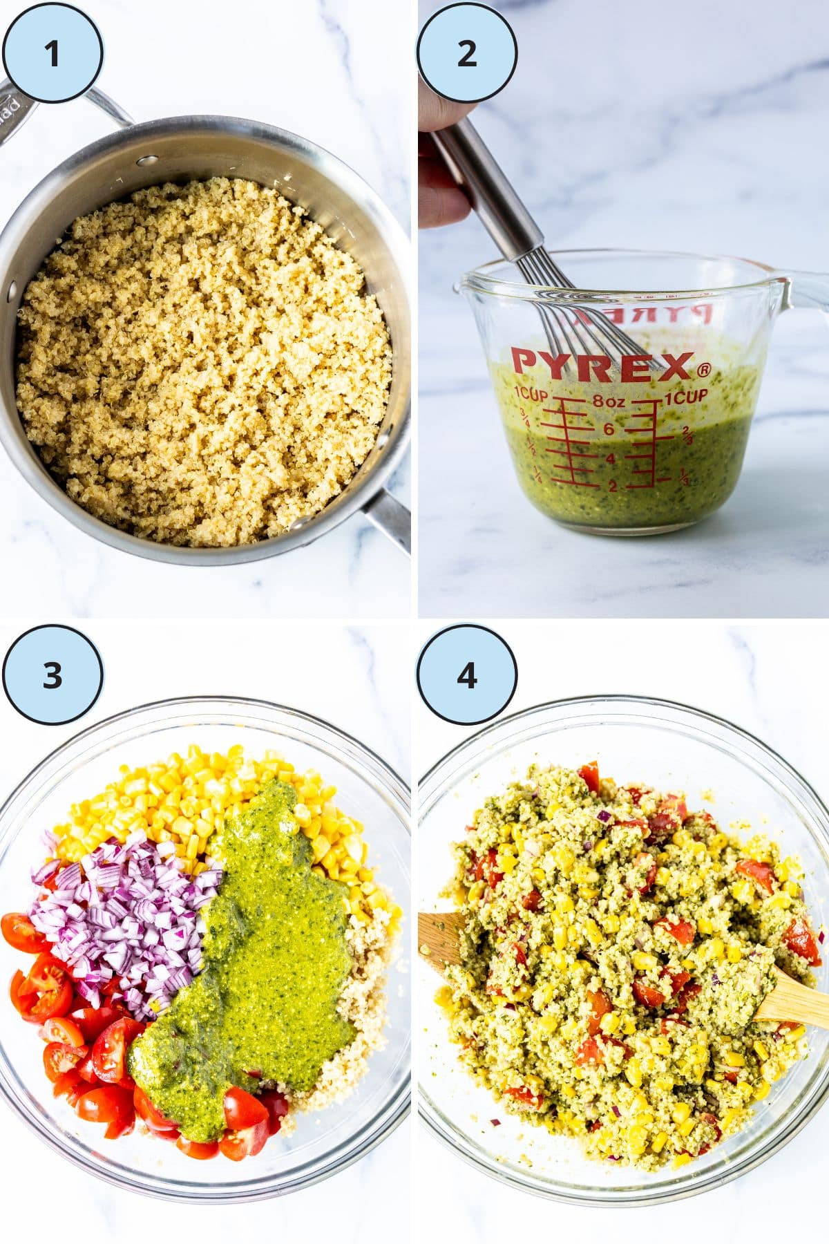 A collage of photos showing how to make this recipe: a pot of cooked quinoa; whisking the dressing; the cooked and cooked quinoa in a bowl with tomatoes, corn, onions, and the dressing; and the finished tossed quinoa salad.