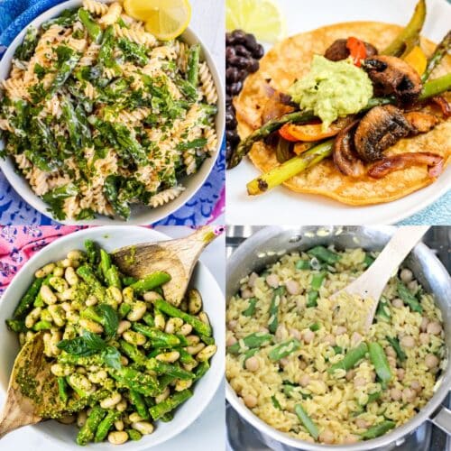 Creamy asparagus pasta, veggie fajitas, lemon asparagus orzo, and asparagus white bean salad.