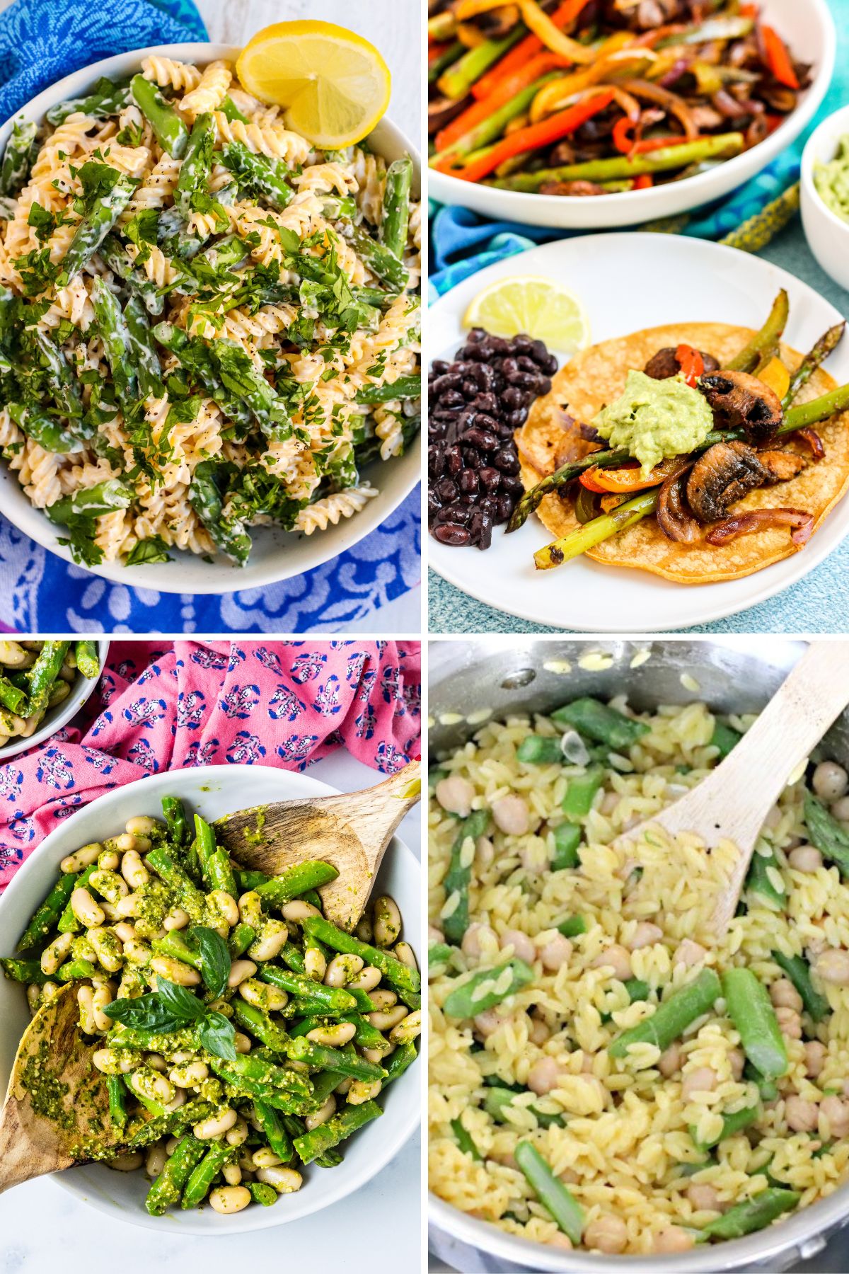 Vegan asparagus recipes: creamy asparagus pasta, veggie fajitas, lemon asparagus orzo, and asparagus white bean salad.