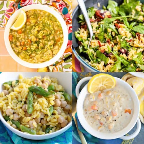 Bowl of pesto orzo soup with white beans, bowl of spinach orzo salad with sun-dried tomatoes and olives, bowl of creamy lemon chickpea orzo soup, and bowl of lemon asparagus orzo with chickpeas.