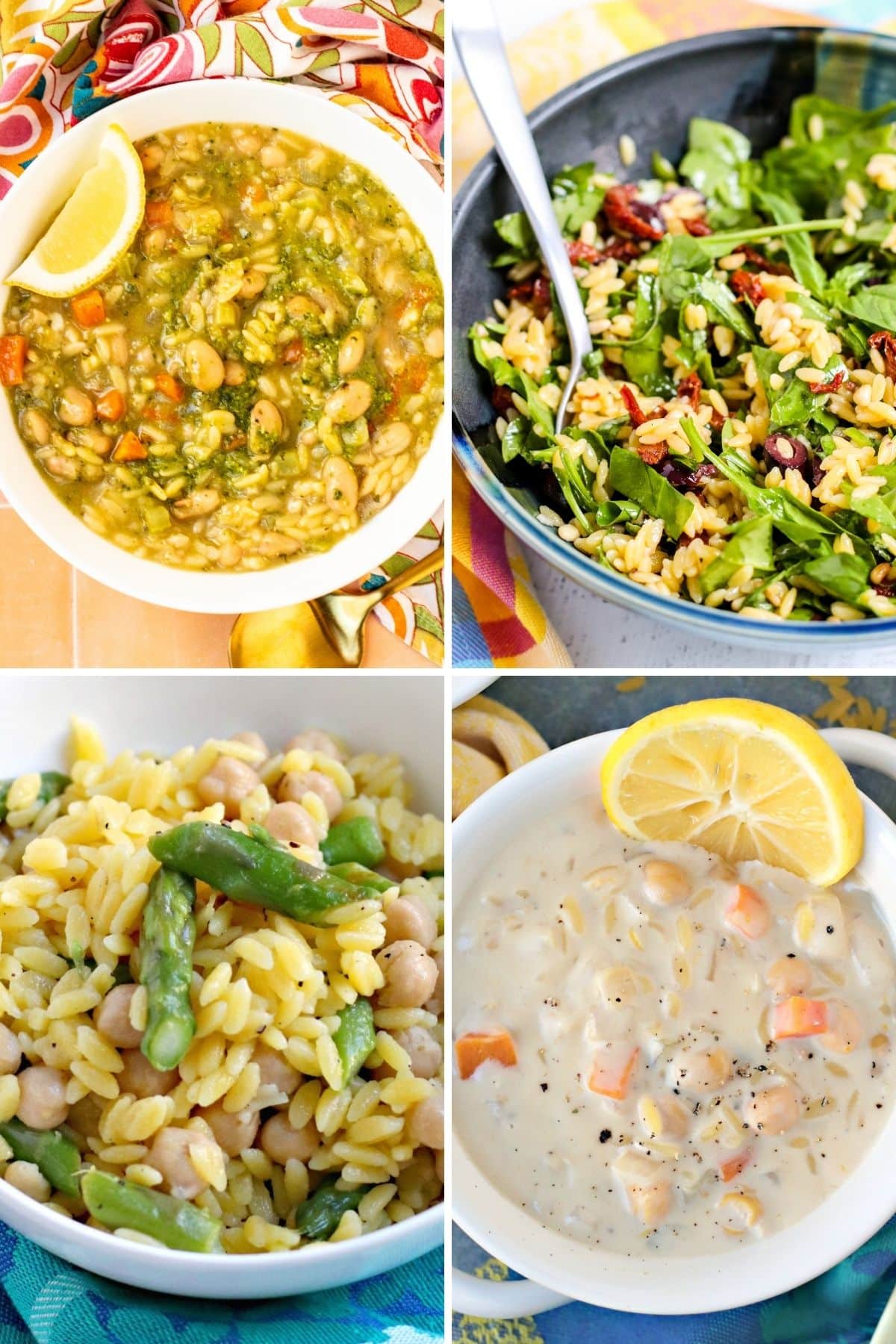 Bowl of pesto orzo soup with white beans, bowl of spinach orzo salad with sun-dried tomatoes and olives, bowl of creamy lemon chickpea orzo soup, and bowl of lemon asparagus orzo with chickpeas.