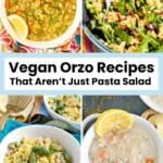 Bowl of pesto orzo soup with white beans, bowl of spinach orzo salad with sun-dried tomatoes and olives, bowl of creamy lemon chickpea orzo soup, and bowl of lemon asparagus orzo with chickpea, with text overlay: Vegan Orzo Recipes That Aren't Just Pasta Salad.