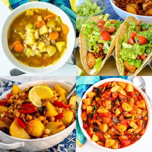 White bean and potato soup, soyrizo potato tacos, zucchini stew with potatoes, and roasted potatoes and chickpeas.