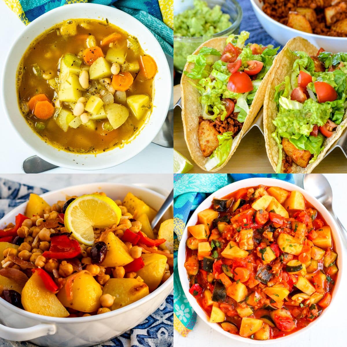 White bean and potato soup, soyrizo potato tacos, zucchini stew with potatoes, and roasted potatoes and chickpeas.