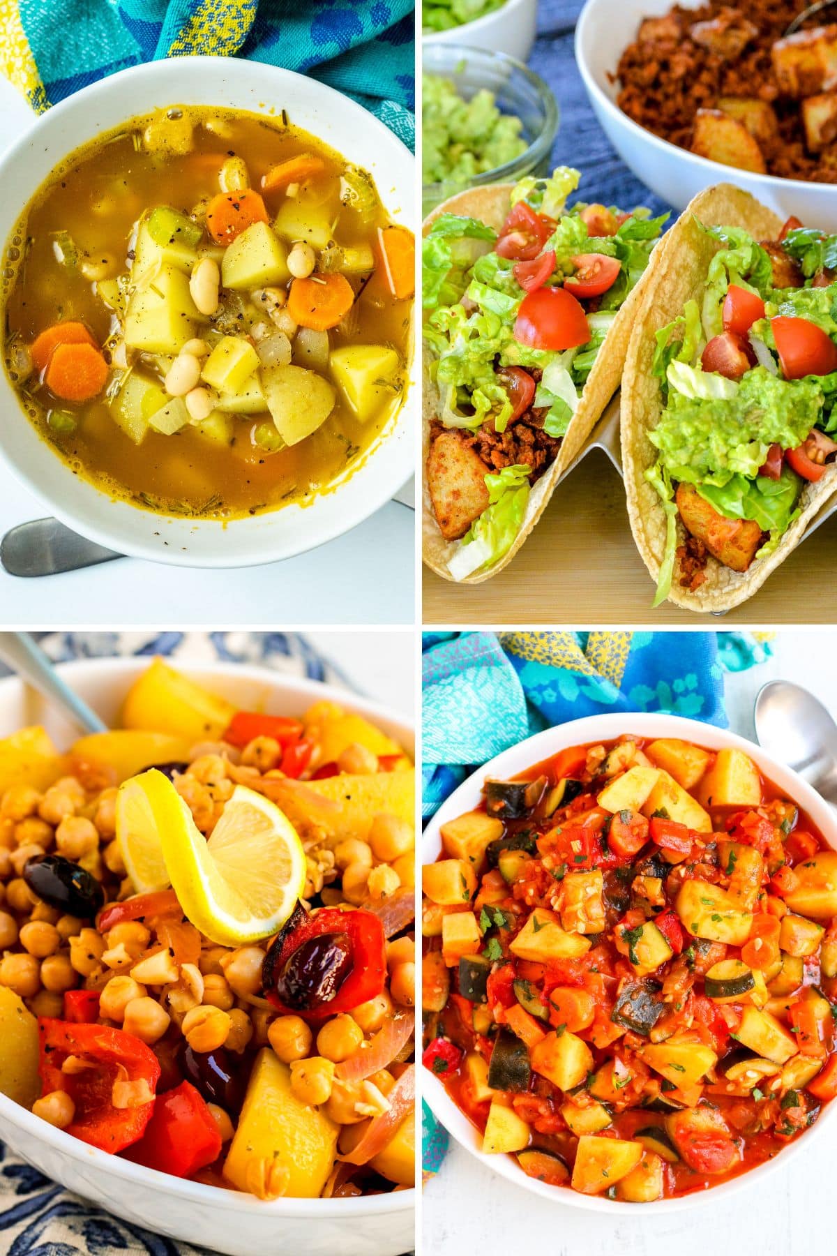 White bean and potato soup, soyrizo potato tacos, zucchini stew with potatoes, and roasted potatoes and chickpeas.