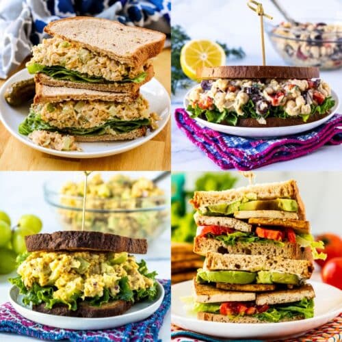 Vegan tuna salad sandwich, smashed white bean salad sandwich, curried chickpea salad sandwich, and baked tofu sandwich.