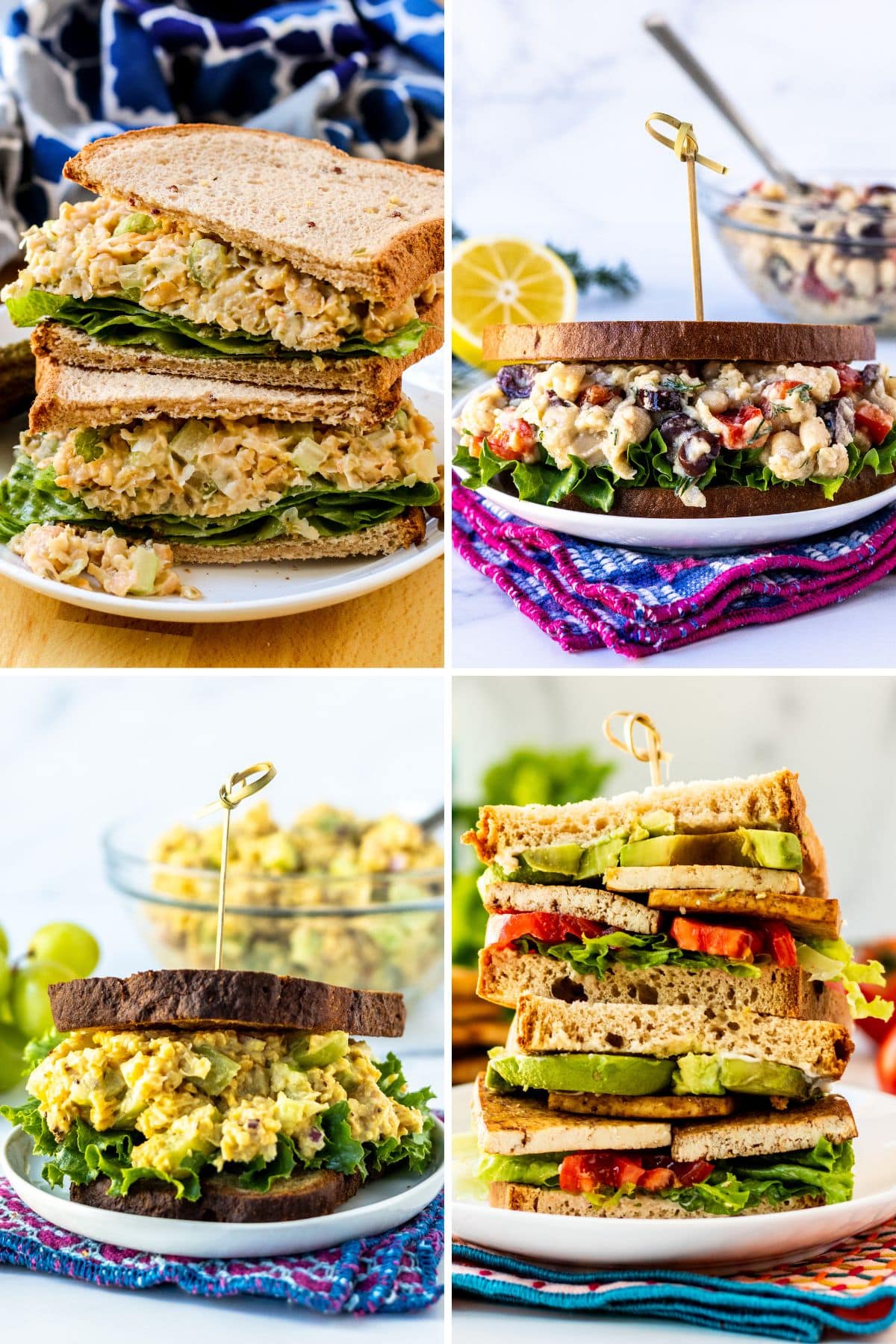 Vegan tuna salad sandwich, smashed white bean salad sandwich, curried chickpea salad sandwich, and baked tofu sandwich.