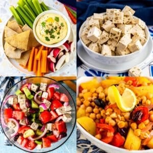 Hummus on a plate with pita bread and veggies, a bowl of tofu feta, a vegan Greek salad, and Greek lemony roasted potatoes and chickpeas in a casserole dish.