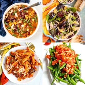 Recipes for Italian Night: minestrone soup, artichoke hearts salad, vegan pasta bake, and sauteed green beans and tomatoes.