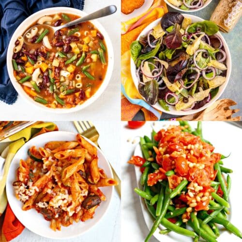 Recipes for Italian Night: minestrone soup, artichoke hearts salad, vegan pasta bake, and sauteed green beans and tomatoes.