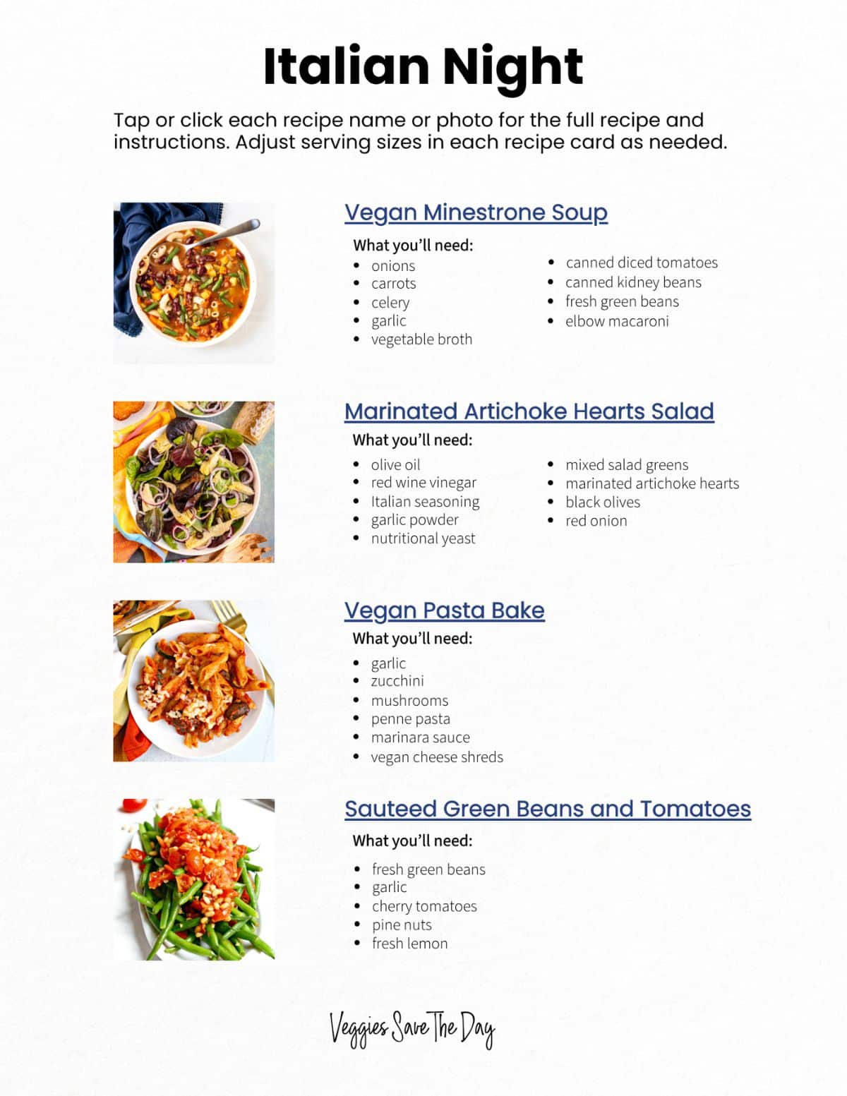 Preview image of the printable Italian Night menu.