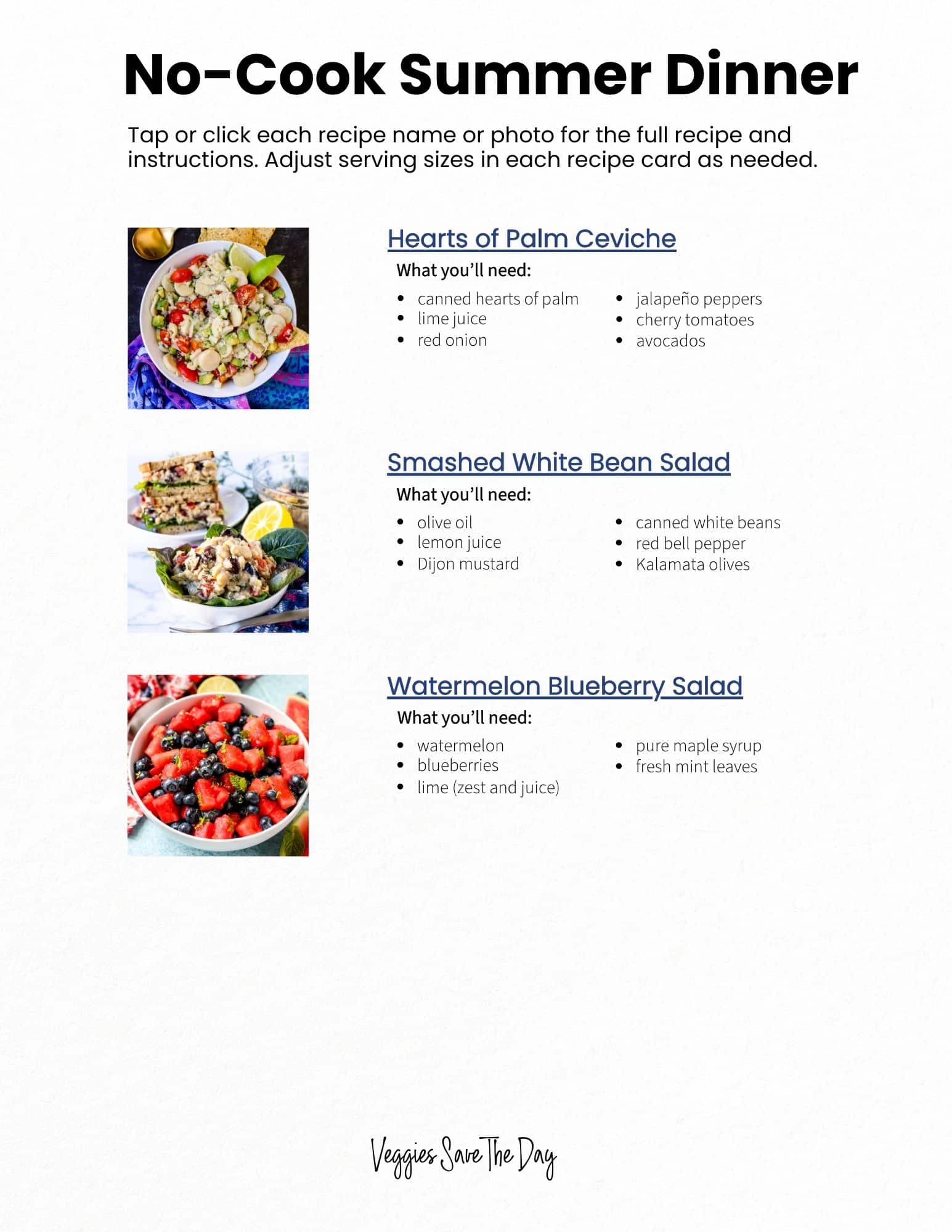 Preview of what the No-Cook Summer Dinner menu looks like.