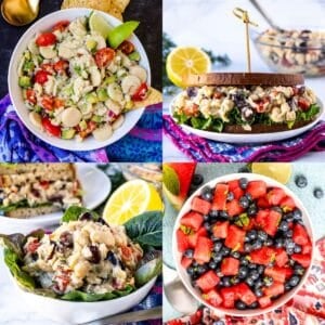 No-Cook Summer Menu featuring hearts of palm ceviche, smashed white bean salad, and watermelon blueberry salad.