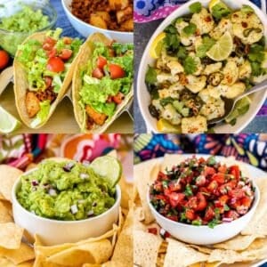 Taco Night featuring soyrizo and potato tacos, spicy roasted cauliflower, guacamole, and cherry tomato salsa.
