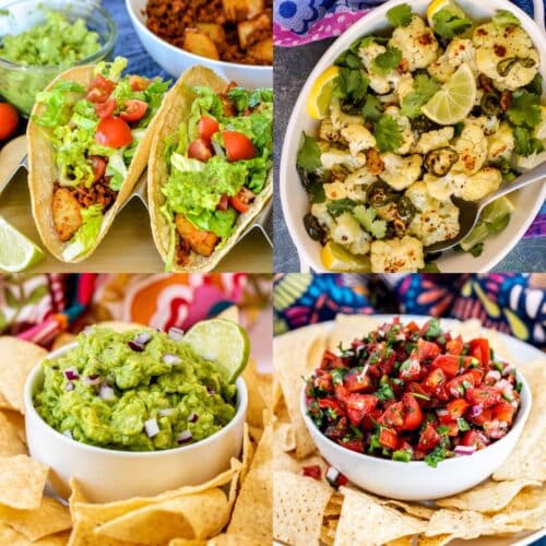 Taco Night featuring soyrizo and potato tacos, spicy roasted cauliflower, guacamole, and cherry tomato salsa.