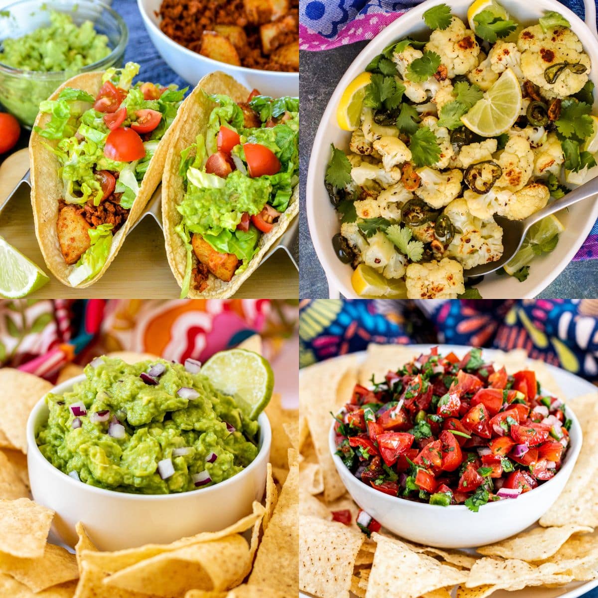 Taco Night featuring soyrizo and potato tacos, spicy roasted cauliflower, guacamole, and cherry tomato salsa.