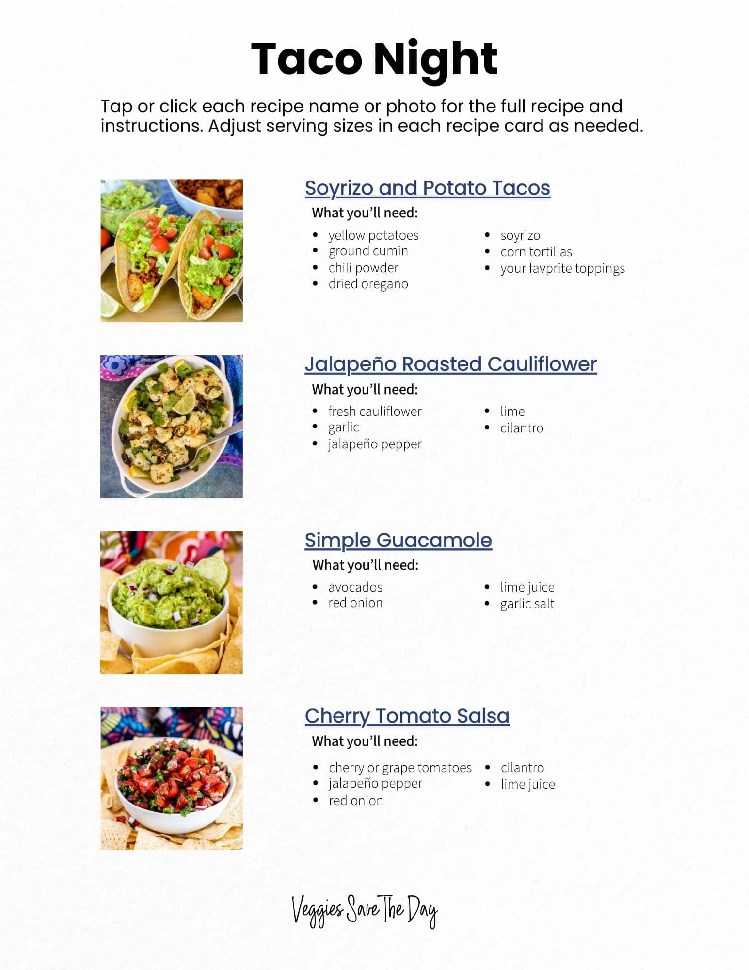 Preview of what the Taco Night printable menu looks like.