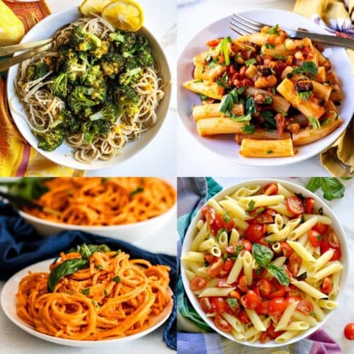 Vegan pasta recipes made in 30 minutes or less: hummus pasta, white bean tomato pasta, creamy sun-dried tomato pasta, and cherry tomato pasta.