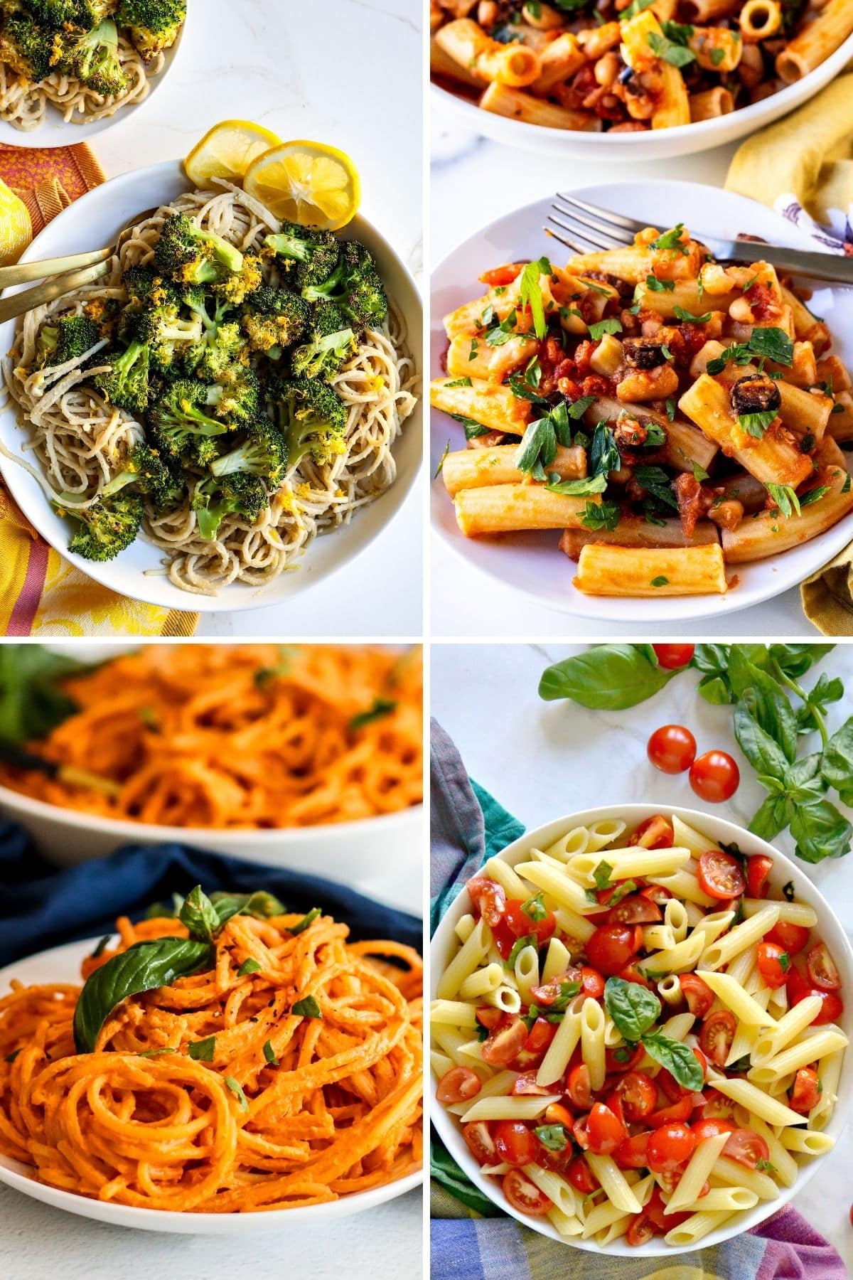 Vegan pasta recipes made in 30 minutes or less: hummus pasta, white bean tomato pasta, creamy sun-dried tomato pasta, and cherry tomato pasta.