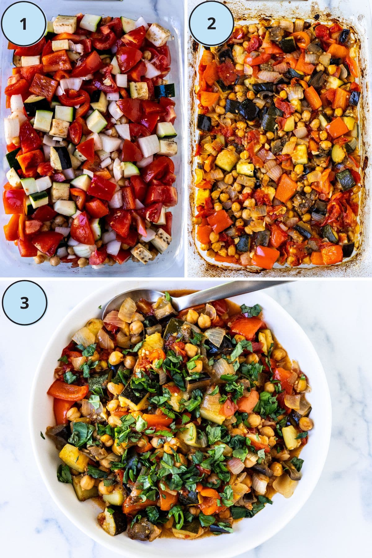 The vegetables and chickpeas in a casserole dish, the roasted ratatouille removed from the oven, and the finished dish garnished with fresh basil.
