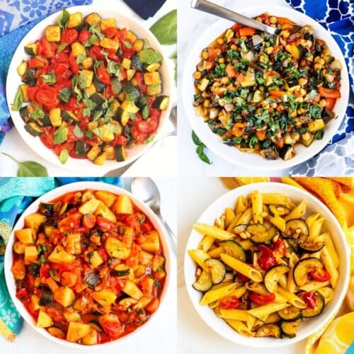 Four savory vegan zucchini recipes: Mediterranean tomato and zucchini saute, roasted chickpea ratatouille casserole, zucchini stew with potatoes, and Mediterranean penne with zucchini and pine nuts.